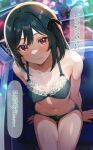  1girl black_hair blush bow bow_bra bow_panties bra closed_mouth commentary_request covered_nipples green_bra green_panties hair_ribbon highres looking_at_viewer love_live! love_live!_nijigasaki_high_school_idol_club mifune_shioriko panties red_eyes ribbon shiitake_taishi solo speech_bubble translation_request underwear underwear_only 