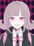  1girl :d black_background black_jacket black_shirt danganronpa_(series) danganronpa_2:_goodbye_despair dress_shirt flipped_hair galaga grin hair_ornament jacket medium_hair nanami_chiaki neck_ribbon open_clothes open_jacket pink_background pink_eyes pink_ribbon portrait ribbon sasapanda8972 shirt smile solo teeth white_shirt 