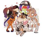  1boy 3girls agent_8_(splatoon) arm_behind_back artist_name baseball_cap black_gloves blonde_hair bodysuit boots border bright_pupils brown_hair cephalopod_eyes closed_eyes closed_mouth colored_skin cross-laced_footwear crown dark-skinned_female dark_skin dedf1sh earrings full_body furrowed_brow gloves gradient_hair green_skin grey_eyes grey_hair hat headphones headphones_over_headwear highres hoop_earrings inkling jacket jewelry knees_together_feet_apart long_hair marina_(splatoon) medium_hair mohawk multicolored_hair multiple_girls navel octoling octoling_boy octoling_player_character open_clothes open_jacket orange_jacket orange_pants outside_border own_hands_together pants pearl_(splatoon) pink_hair print_headwear purple_hair red-tinted_eyewear red_hair sanitized_(splatoon) short_hair sitting sleeveless sleeveless_bodysuit smile smollusk_(splatoon) socks splatoon_(series) splatoon_3 splatoon_3:_side_order standing star-shaped_pupils star_(symbol) sunglasses sweat symbol-shaped_pupils teeth tentacle_hair thick_eyebrows tinted_eyewear twitter_username two-tone_hair white_bodysuit white_border white_footwear white_jacket white_pupils white_socks yellow_eyes yellow_headwear zlayameduza 