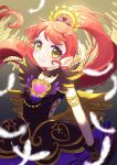  1girl armlet black_dress black_gloves blurry blurry_foreground closed_mouth commentary cowboy_shot dress feathers fur_collar gloves hair_ornament heart highres idol_clothes jinno_(jin_c_kkry) long_hair looking_at_viewer ponytail pretty_series pripara red_hair shiratama_mikan smile solo standing symbol-only_commentary yellow_eyes 