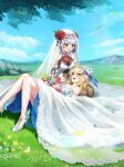  2girls absurdres blue_dress blush breasts bridal_veil bride bug butterfly cleavage dress flower genshin_impact hair_flower hair_ornament high_heels highres kneeling lumine_(genshin_impact) lying multiple_girls no-ba noelle_(genshin_impact) on_back scenery smile thighhighs tree veil wedding_dress white_dress 