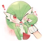  ! 1other blush close-up colored_skin gardevoir gradient_background green_hair green_skin hand_puppet heart lotosu multicolored_skin one_eye_closed open_mouth pokemon pokemon_(creature) puppet red_background red_eyes red_skin signature white_background white_skin 