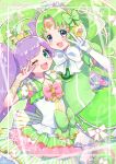  2girls :d ;d ahoge blue_eyes blush bow colored_eyelashes cowboy_shot detached_sleeves dress elbow_gloves falulu falulu_(awakened) forehead_jewel gloves green_bow green_dress green_hair grey_eyes hair_bow hand_up headphones highres idol_clothes idol_land_pripara jinno_(jin_c_kkry) layered_dress long_hair looking_at_viewer manaka_laala multiple_girls one_eye_closed open_mouth parted_bangs power_symbol pretty_series pripara puffy_detached_sleeves puffy_sleeves purple_hair sidelocks sleeveless sleeveless_dress smile standing tiara treble_clef twintails v very_long_hair white_gloves 