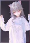  1girl animal_ear_fluff animal_ears artist_name bangs closed_mouth clothes_writing drawstring extra_ears fkey grey_hair hands_up highres hood hoodie long_hair long_sleeves looking_at_viewer original red_eyes simple_background sleeves_past_wrists solo white_hoodie 