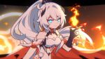  1girl armor backlighting bare_shoulders blue_eyes breastplate collarbone crown detached_sleeves earrings fiery_background fire gauntlets grin hand_up high_ponytail highres honkai_(series) honkai_impact_3rd jewelry kiana_kaslana kiana_kaslana_(herrscher_of_flamescion) long_hair looking_at_viewer parted_lips smile solo very_long_hair white_armor white_hair xiaohutu 