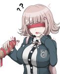  1boy 1girl 7cs_(congchuabuoito) :o ? ?? black_jacket black_shirt blindfold breasts cum danganronpa_(series) danganronpa_2:_goodbye_despair dress_shirt facial flipped_hair galaga hair_ornament handjob highres jacket large_breasts medium_hair nanami_chiaki neck_ribbon open_clothes open_jacket penis pink_ribbon red_blindfold ribbon shirt sleeves_past_wrists solo_focus two-tone_shirt veins veiny_penis 