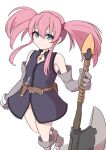  1girl axe belt blue_eyes boots closed_mouth elbow_gloves foot_out_of_frame gloves highres holding holding_axe long_hair looking_at_viewer palan pink_hair presea_combatir simple_background solo tales_of_(series) tales_of_symphonia twintails weapon 