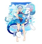  1girl absurdres ball barefoot beachball blue_eyes blue_shorts bright_pupils closed_mouth colored_eyelashes commentary_request fish full_body green_hair grey_headwear hair_between_eyes hand_up hatsune_miku highres holding holding_ball keaworks knees long_hair looking_at_viewer pokemon pokemon_(creature) primarina project_voltage shorts smile sparkle toes twintails visor_cap vocaloid water_miku_(project_voltage) white_pupils zipper_pull_tab 