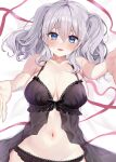  1girl absurdres black_panties blue_eyes blush breasts collarbone grey_hair groin hair_between_eyes highres kantai_collection kashima_(kancolle) large_breasts long_hair navel open_mouth panties solo twintails underwear underwear_only upper_body white_background yoshino_(mfmfpng) 