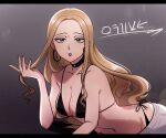 1girl bare_shoulders black_border black_bra black_choker blonde_hair border bra breasts choker commentary_request earrings echizen_(n_fns17) gradient_background grey_background grey_pants highres jewelry large_breasts letterboxed long_hair looking_at_viewer lying oleana_(pokemon) on_side pants parted_lips pokemon pokemon_swsh red_lips red_nails simple_background solo underwear 