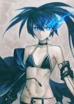  1girl a-er_(akkij0358) bangs belt belt_buckle bikini bikini_top_only black_bikini black_choker black_rock_shooter black_rock_shooter_(character) blue_eyes blue_hair buckle choker closed_mouth collarbone flaming_eye flat_chest floating_hair grey_background groin highres huke_(style) long_hair looking_at_viewer navel scar solo swimsuit twintails upper_body white_belt 