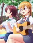  2girls check_commentary commentary_request crossed_legs emma_verde hand_on_own_chest highres in-franchise_crossover love_live! love_live!_nijigasaki_high_school_idol_club love_live!_superstar!! multiple_girls music nijigasaki_academy_school_uniform outdoors playing_guitar qy73 school_uniform shibuya_kanon singing tree yuigaoka_school_uniform 