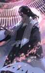  1boy black_hair black_kimono bleach cherry_blossoms expressionless grey_eyes haori highres japanese_clothes katana kimono kuchiki_byakuya medium_hair senbonzakura_(shikai) shinigami solo sword tomochi_(tmc_tmc8) weapon zanpakutou 