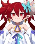  1girl bare_shoulders blush bow demon_girl detached_sleeves disgaea disgaea_rpg dress earrings etna_(disgaea) flat_chest hair_bow highres jewelry looking_at_viewer pointy_ears red_eyes red_hair red_wings saint_etna smile straight-on white_dress wings wuju_(1198979953) 