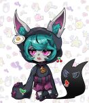  1girl absurdres bandaid bangs belt beseunaj-jamjaneun_gemdol-i black_footwear black_hoodie broken_heart d: ears_through_headwear full_body green_hair highres hood hood_up hoodie league_of_legends open_mouth pants pink_eyes pink_pants shoes solo standing sticker teeth toes_up upper_teeth vex_(league_of_legends) vex_shadow_(league_of_legends) yordle 