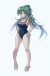  1girl breasts copyright_request green_eyes green_hair hand_on_own_hip highres itooku large_breasts long_hair looking_at_viewer one-piece_swimsuit sandals smug swimsuit white_background 