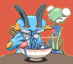  bob_cut bowl china_dress chinese_clothes chopsticks closed_eyes dress eating gardevoir green_hair highres holding holding_chopsticks orange_eyes pokemon pokemon_(creature) red_background simple_background smile swampert sweatdrop tangela veganswampert 