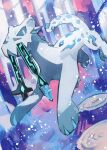  absurdres animal_focus blue_eyes bright_pupils chien-pao commentary_request gara_(qbeuxvii22) highres ice jumping no_humans outdoors pokemon pokemon_(creature) snow_leopard snowing tail tree_stump whiskers white_fur white_pupils 