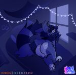 anthro bat bedroom butt casual_nudity floraltrash hybrid mammal night nonbinary_(lore) paws procyonid raccoon razz_(floraltrash) rear_view restricted_palette