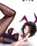  1girl alternate_costume animal_ears artist_name bare_shoulders black_eyes black_hair black_leotard blush bow bowtie breasts brown_pantyhose cleavage collarbone commentary_request detached_collar fake_animal_ears fishnet_pantyhose fishnets kawakami_sadayo large_breasts legs leotard looking_at_viewer pantyhose persona persona_5 playboy_bunny purple_bow rabbit_ears short_hair signature simple_background solo strapless strapless_leotard white_background wrist_cuffs yaoto 