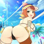  1girl ass ass_focus back bikini black_bikini blue_sky blush body_blush breasts brown_eyes cloud day falling_petals flag from_behind fuma_(senran_kagura) hair_ribbon large_breasts lens_flare looking_back median_furrow micro_bikini open_mouth orange_hair outdoors palm_leaf palm_tree petals plant ribbon scarf senran_kagura senran_kagura_new_wave shiny_skin short_hair shoulder_blades sky smile solo sparkle swimsuit thigh_strap topknot tree two-tone_bikini v-shaped_eyebrows visor_cap volleyball volleyball_net white_bikini yaegashi_nan 