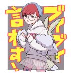  1girl :o alternate_color backpack bag blue_hair clenched_hands cropped_legs glasses grey_eyes highres honda_(honndamaria) hood hoodie long_sleeves looking_at_viewer multicolored_hair open_mouth pantyhose penny_(pokemon) pokemon pokemon_masters_ex red_hair round_eyewear see-through see-through_skirt shorts shorts_under_skirt skirt sleeves_past_wrists solo teeth twitter_username two-tone_hair upper_teeth_only 