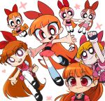  1girl :3 :d akazutsumi_momoko bare_arms black_footwear blossom_(ppg) blush bow commentary dress english_commentary flat_chest foot_up full_body hair_bow highres imminent_hug kim_crab long_hair looking_at_viewer multiple_views open_mouth orange_hair pink_dress pink_eyes pink_shirt pink_skirt pink_vest powerpuff_girls powerpuff_girls_doujinshi powerpuff_girls_z red_bow red_dress red_eyes shirt shoes short_dress simple_background skirt sleeveless sleeveless_dress smile solo teeth thighhighs tongue upper_teeth_only very_big_eyes very_long_hair vest white_background white_thighhighs 