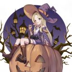  1girl black_cat blonde_hair bow brown_footwear candy cat commentary_request dress food full_body halloween highres lollipop long_hair original parted_bangs purple_dress purple_eyes purple_headwear scrunchie sitting witch wizard wrist_scrunchie yuri_yone 