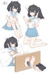  absurdres bare_legs barefoot black_hair bound closed_mouth feathers feet foot_focus highres juzi_(orange8619) multiple_views no_shoes one_eye_closed original pillow restrained rope school_uniform soles tagme thighs tickling tickling_feet twintails white_background 