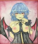  1girl babydoll bat_wings black_babydoll black_ribbon black_wrist_cuffs blue_hair breasts breasts_out collarbone commentary_request criss-cross_halter fangs finger_to_mouth fingernails frilled_babydoll frilled_wrist_cuffs frills halterneck hand_on_own_chest highres large_breasts looking_at_viewer narrowed_eyes navel nipples open_mouth photo_(medium) pointy_ears red_eyes red_nails remilia_scarlet ribbon shikishi short_hair slit_pupils solo touhou traditional_media upper_body washiwa wings wrist_cuffs 