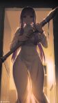  1girl artist_name backlighting breasts commentary_request covered_navel dress fern_(sousou_no_frieren) highres holding holding_staff large_breasts long_hair looking_at_viewer purple_eyes purple_hair see-through see-through_dress see-through_silhouette signature sousou_no_frieren staff v-shaped_eyebrows very_long_hair white_dress yuxing_yuhang 