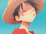  1boy black_hair blue_sky brown_headwear closed_eyes collarbone commentary grin hat male_focus monkey_d._luffy nika_dudi one_piece portrait red_shirt scar scar_on_cheek scar_on_face shirt short_hair sky smile solo straw_hat teeth upper_body 