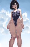  1girl ass_visible_through_thighs black_hair blue_eyes breasts covered_navel from_below highleg highleg_swimsuit highres indy_k looking_at_viewer medium_breasts one-piece_swimsuit open_mouth original short_hair sky solo standing swimsuit 