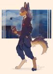  2022 5_fingers anthro blue_eyes brown_body brown_fur canid canine claws clothed clothing day detailed_background digital_media_(artwork) digitigrade eyebrows eyelashes feet fingers frayvuir fur hi_res hoodie hybrid male mammal outside sky toes topwear 