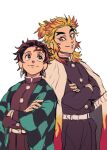  2boys back-to-back belt blonde_hair brown_hair closed_mouth demon_slayer_uniform earrings gakuran haori japanese_clothes jewelry kamado_tanjirou kimetsu_no_yaiba looking_at_another multicolored_hair multiple_boys rengoku_kyoujurou school_uniform sheath sheathed simple_background smile sword weapon white_background woojoo_(woojoobox) 