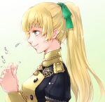  1girl alternate_hairstyle blonde_hair ebi_puri_(ebi-ebi) fidgeting fire_emblem fire_emblem:_three_houses garreg_mach_monastery_uniform gradient gradient_background green_eyes ingrid_brandl_galatea long_hair ponytail smile 