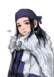  1girl ainu ainu_clothes asirpa black_hair blue_eyes cloak closed_mouth commentary_request fur_cloak golden_kamuy headband long_hair looking_at_viewer mitsuya pink_lips purple_headband sidelocks signature simple_background solo upper_body white_background white_cloak 