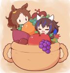  2girls :d acorn animal_ears apple autumn_leaves blue_hair blush_stickers brown_background brown_hair chibi closed_eyes daitaku_helios_(umamusume) fang food fruit gomashio_(goma_feet) grapes green_shirt hair_between_eyes hair_ornament hairclip horse_ears horse_girl horse_tail mejiro_palmer_(umamusume) mini_person minigirl multicolored_hair multiple_girls mushroom parted_bangs red_apple roasted_sweet_potato shirt side_ponytail smile star_(symbol) star_hair_ornament streaked_hair sweet_potato tail umamusume white_hair |_| 