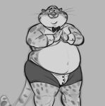 2024 anthro belly benjamin_clawhauser big_belly blush bow_tie bulge cheetah clothing daichi_akimichi disney felid feline male mammal moobs navel overweight overweight_male simple_background solo underwear zootopia