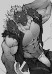 2024 3:4 3_heads abs absurd_res anthro black_and_white bottomwear bulge canid canid_demon canine canis cerberus cerberus_(fortnite) clothed clothing demon digital_drawing_(artwork) digital_media_(artwork) epic_games european_mythology fortnite fortnite:_battle_royale full-length_portrait fur glowing glowing_eyes greek_mythology greyscale hair hellhound hi_res humanoid jacket looking_at_viewer male mammal mixterart monochrome multi_head muscular muscular_anthro muscular_male mythological_canine mythological_creature mythology nipples open_bottomwear open_clothing open_pants pants pecs portrait shaded sitting sketch skulldog_(species) snout solo tail three-quarter_portrait topwear underwear unfinished veiny_arms wolf