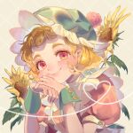  1girl apron blonde_hair blush commentary flower gtcockroach hat highres looking_at_viewer mob_cap original own_hands_together pink_eyes puffy_short_sleeves puffy_sleeves short_hair short_sleeves smile solo sunflower thick_eyebrows wrist_cuffs 