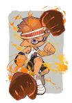  1boy basketball_jersey black_shorts border clenched_hand closed_mouth commentary_request full_body grey_background headband highres inkling inkling_boy inkling_player_character looking_at_viewer male_focus orange_hair outside_border pointy_ears purple_eyes sanyu_uuu shirt shoes short_hair shorts simple_background smile solo splatoon_(series) splatoon_3 tentacle_hair triple_splashdown_(splatoon) white_border white_footwear white_headband white_shirt 