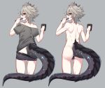  1boy alternate_costume antenna_hair ass briefs brushing_teeth clothing_aside completely_nude cup dragon_tail fang fate/apocrypha fate_(series) flying_sweatdrops from_behind grey_background grey_hair grey_shirt grey_tail hair_between_eyes haoro holding holding_cup holding_toothbrush light_blush male_focus male_underwear male_underwear_aside medium_hair mug nude open_mouth profile red_eyes shirt short_hair short_sleeves sieg_(fate) simple_background skin_fang tail tail_under_clothes testicles toothbrush underwear 