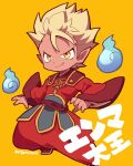  1boy blonde_hair closed_mouth colored_skin fingernails foot_out_of_frame hitodama kotorai long_sleeves looking_ahead lord_enma male_focus orange_eyes pointy_ears red_skin short_hair signature solo translation_request wide_sleeves yellow_background youkai_watch 