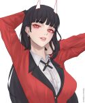  1girl artist_name black_hair breasts bright_pupils collared_shirt commentary drawn_horns earrings eyeshadow grey_shirt heart heart-shaped_pupils highres hyakkaou_academy_school_uniform jabami_yumeko jacket jewelry kakegurui long_hair makeup medium_breasts parted_lips patreon_username pink_lips red_eyes red_eyeshadow red_jacket school_uniform shirt solo symbol-shaped_pupils white_background white_pupils zeistnn 