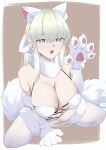  1girl :o all_fours animal_ear_fluff animal_ears bare_shoulders blonde_hair blue_eyes braid breasts cleavage cosplay fate/grand_order fate_(series) french_braid fringe_trim fur_collar fur_trim gloves highres large_breasts long_hair looking_at_viewer mash_kyrielight mash_kyrielight_(dangerous_beast) mash_kyrielight_(dangerous_beast)_(cosplay) morgan_le_fay_(fate) navel okuma707 pale_skin solo tail thighhighs 