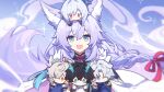  1girl animal_ears baiheng_(honkai:_star_rail) character_doll cloud dan_feng_(honkai:_star_rail) dan_heng_(honkai:_star_rail) dan_heng_(imbibitor_lunae)_(honkai:_star_rail) doll doll_on_head fox_ears fox_tail hair_ribbon happy highres holding holding_doll honkai:_star_rail honkai_(series) jing_yuan jingliu_(honkai:_star_rail) long_hair looking_at_viewer low-braided_long_hair low-tied_long_hair open_mouth pink_ribbon purple_hair ribbon sidelocks smile solo sparkle tail tassel very_long_hair wide_sleeves xiaohutu yingxing_(honkai:_star_rail) 