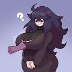  1girl ahoge alternate_breast_size blush breasts cleavage cowboy_shot dabble gradient_background hair_between_eyes hairband hex_maniac_(pokemon) highres huge_breasts long_hair long_sleeves open_mouth pokemon purple_background purple_hairband simple_background solo_focus thick_thighs thighs 