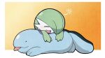  blue_skin closed_eyes colored_skin envi55109095 gardevoir green_hair highres lying_on_person on_floor open_mouth orange_background pokemon pokemon_(creature) quagsire simple_background smile solid_circle_eyes tongue tongue_out white_skin 