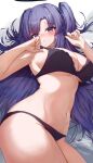  1girl absurdres alternate_costume armpits bikini black_bikini blue_archive blush breasts cleavage highres large_breasts long_hair looking_at_viewer navel nonoka7221 purple_eyes purple_hair solo stomach swimsuit two_side_up very_long_hair yuuka_(blue_archive) 